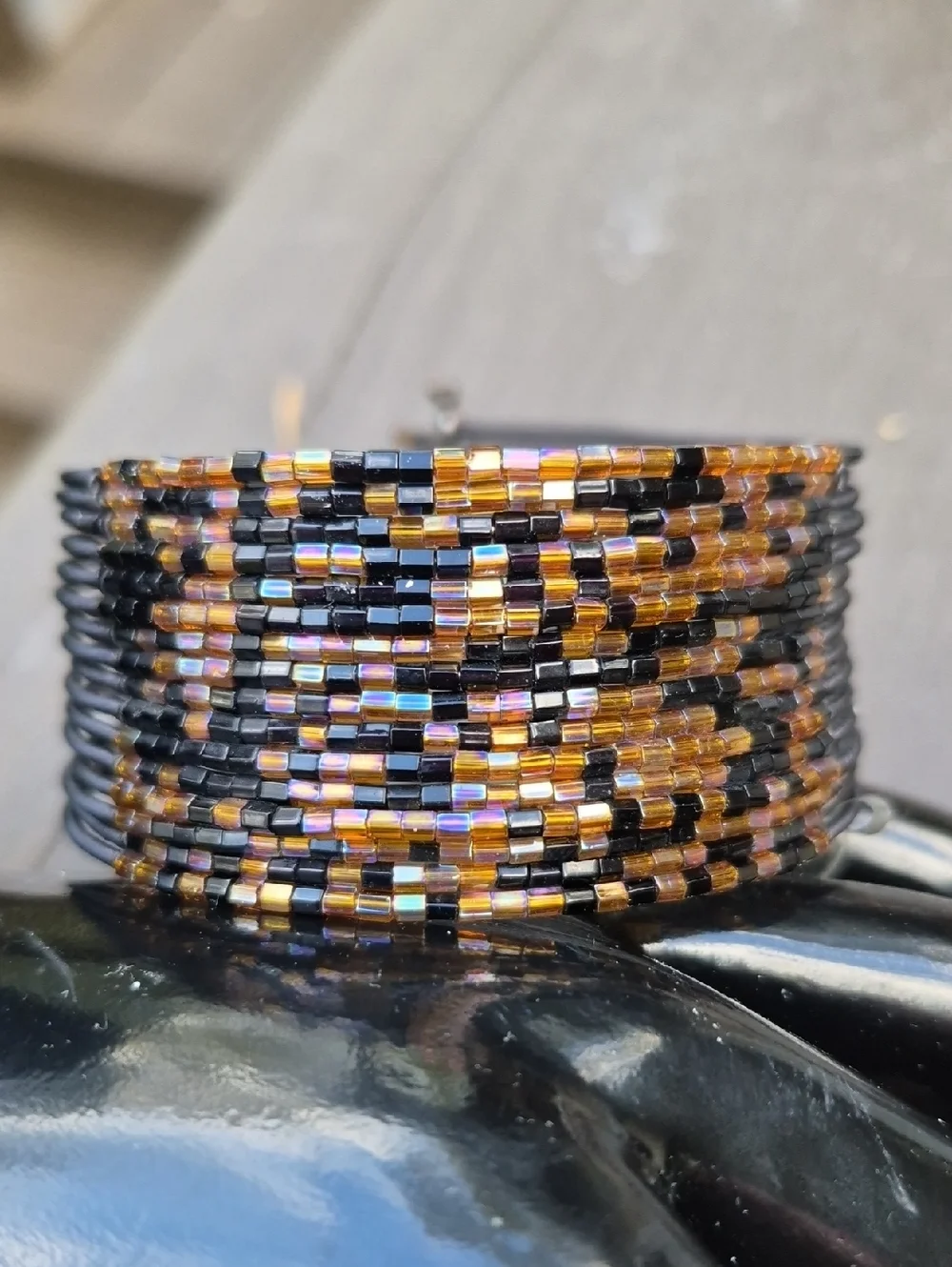 Twos Company Metallic Iridescent Brown Black Pink Seed Beaded Cuff Bracelet